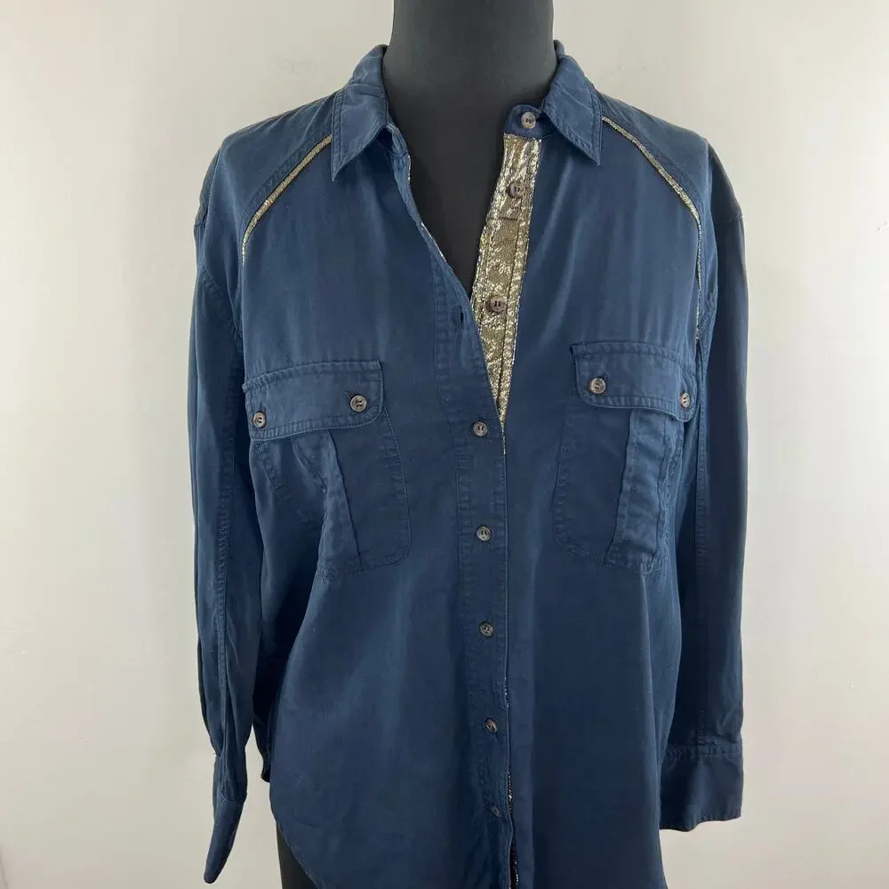Free People Blue Off Campus Button-Down Long Sleeve Tencel Women's Shirt Size S